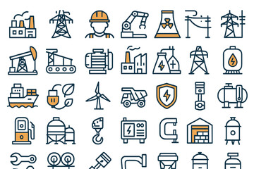 Overview of energy and industrial icons featuring various technology and machinery in a flat vector style
