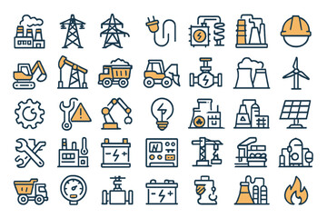 Flat vector illustration depicting various symbols of the energy and industrial sectors with diverse equipment and tools represented clearly