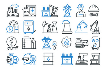 Vector illustration of energy and industrial icons illustrating various power generation and machinery concepts in a clean design