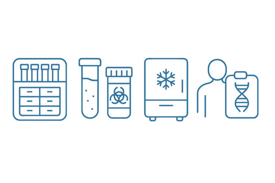 Flat vector illustration depicting laboratory equipment, medical supplies, and an individual handling biological materials
