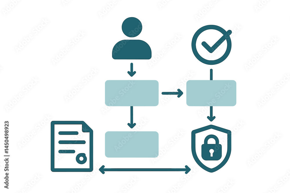 Poster flowchart illustrating process of user verification and document security in a simplified flat vecto