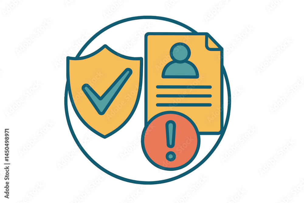 Poster flat vector illustration showing a shield, a document, and a warning symbol representing security an