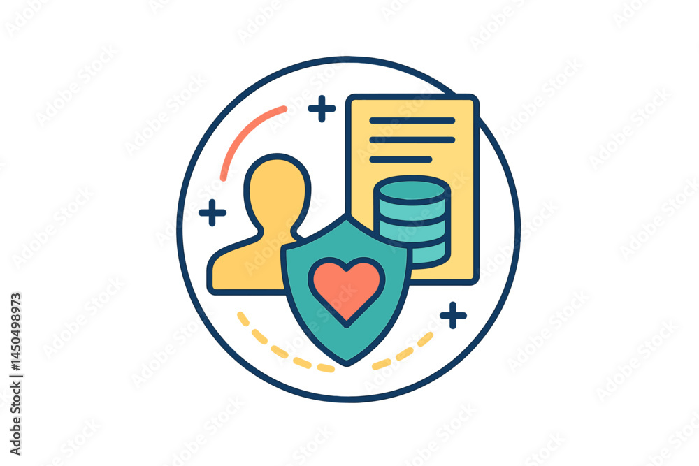 Poster flat vector illustration depicting data protection and security measures with a user icon and a secu