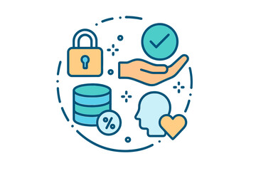 Illustration of data security concepts with hand, lock, and icons representing trust and analysis in flat vector style