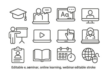 Flat vector illustration showcasing various elements of online learning including seminars, webinars, and educational tools in a modern setting
