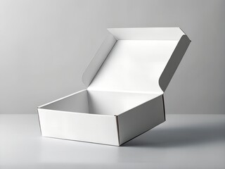 Blank Open and closed white realistic cardboard box with paper and a sticker on a light background. The concept of business gifts. Mock up. 3d rendering