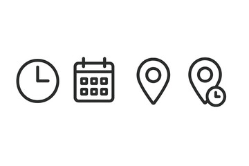 Vector illustration of time, calendar, and location symbols representing scheduling and planning
