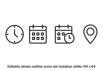 Set of flat vector outline icons representing time, date, and location in a minimalist design for digital projects