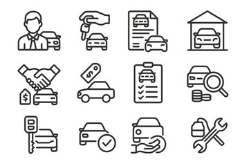 Car dealership activities illustrated through flat vector icons for buying, selling, and servicing vehicles
