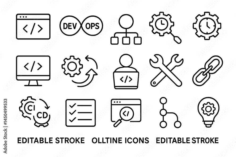 Poster vector illustration of devops concepts showing tools, processes, and collaboration in a tech environ
