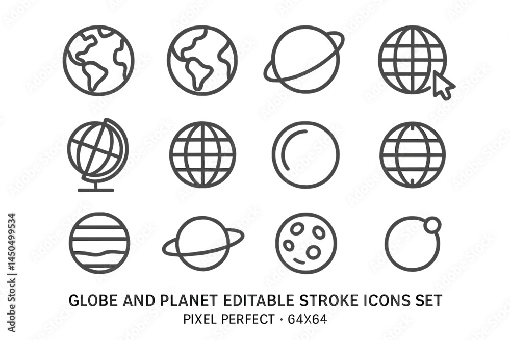 Wall mural vector illustration of various globe and planet icons arranged in a grid with editable stroke design