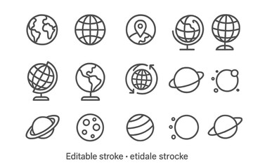 Vector illustration of globes and planetary designs illustrating geography, exploration, and the cosmos in a minimalist style