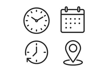 Flat vector illustration showing essential time and location icons for scheduling and planning activities effectively
