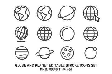 Vector illustration of various globe and planet icons arranged in a grid with editable stroke design elements