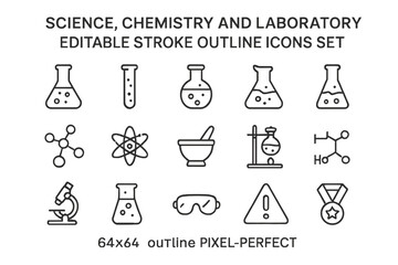Downloadable flat vector illustration set of science, chemistry, and laboratory icons for educational use