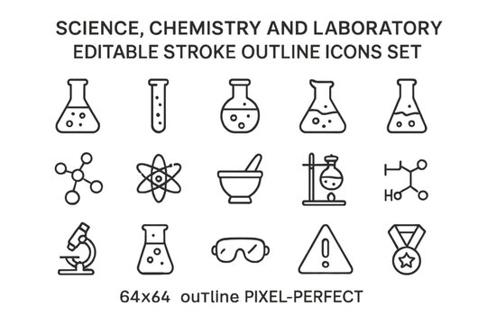 Downloadable flat vector illustration set of science, chemistry, and laboratory icons for educational use