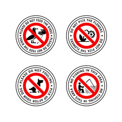 Prohibited label No dog fouling, No fishing, Do not feed birds, Do not pick the flowers, forbidding sticker set