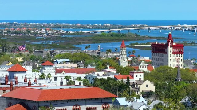 Aerial view of St. Augustine, historical city in Florida. Southern American architecture with narrow streets and old buildings.