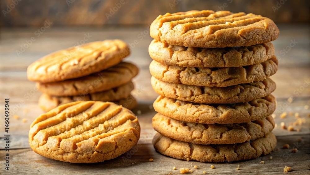 Poster A stack of homemade peanut butter cookies on a rustic wooden surface, showcasing the rich brown color and the intricate patterns of the cookies