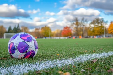 Soccer ball on a field with autumn leaves and blue sky.  Crisp morning light on the artificial turf