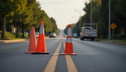 orange cones placed arround a road during construction, created with generative ai