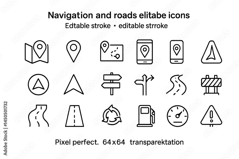Poster navigation and road icons for digital design projects with various styles and functions