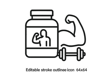 Fitness supplement jar with flexed arm and dumbbell illustration promoting strength training and healthy lifestyle choices