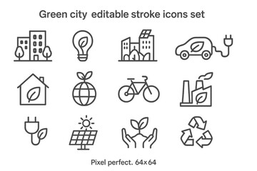 Icon set representing green city concepts with elements of sustainability and eco-friendly initiatives