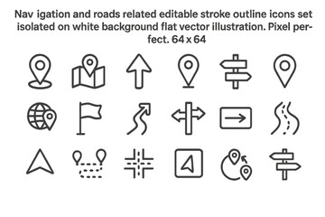 Navigation and road-related editable stroke outline icons set featuring various symbols for maps and directions