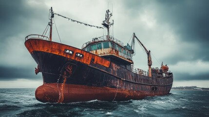 Fototapeta premium Rusty cargo ship on stormy sea dramatic maritime image