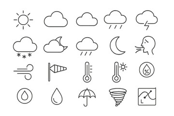 Weather icons representing various atmospheric conditions and phenomena in a flat vector style suitable for educational use