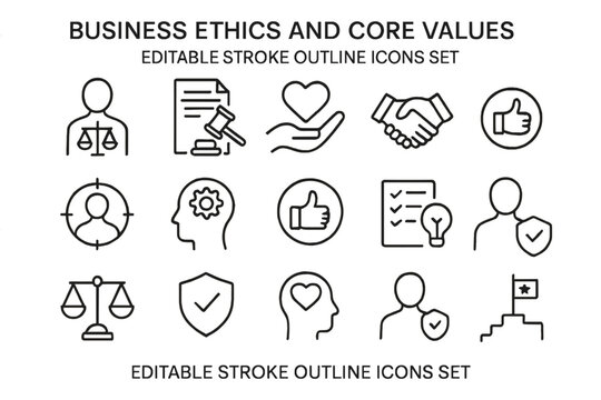 Vector illustration showcasing business ethics and core values through diverse symbols and icons in a modern style