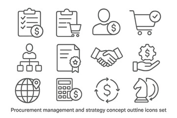 Procurement management and strategy concept with flat vector illustrations of icons representing business activities
