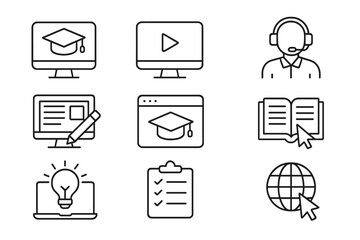 Collection of flat vector illustrations depicting online learning tools and activities for educational purposes