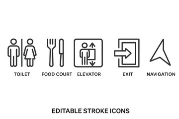 Flat vector illustration of facility icons including toilet, food court, elevator, exit, and navigation symbols