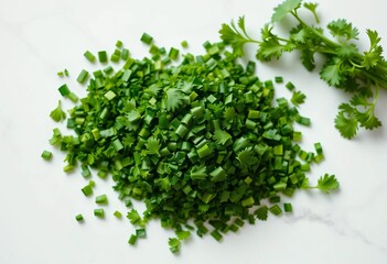 Obraz premium Finely chopped parsley pile on white marble, vibrant green, top-down lighting, minimalist, spice, healthy food