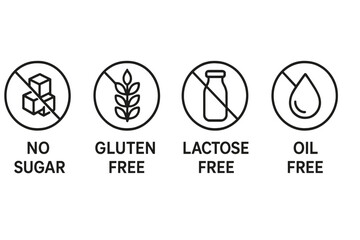 Icons representing dietary restrictions such as no sugar, gluten free, lactose free, and oil free in a flat vector illustration