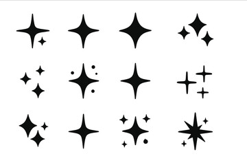 Creative collection of black star sparkles on a flat vector illustration background