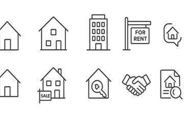 Flat vector illustration of real estate icons depicting homes, rental signs, and sale agreements in a modern style