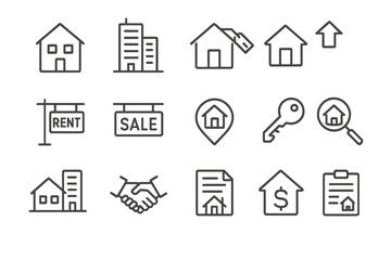 Vector illustration of real estate concepts featuring various types of houses and property-related symbols in a grid layout