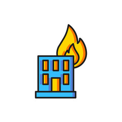Color Fire in burning building on city street icon isolated on white background. Destroyed city on fire. Flat filled outline style with shadow. Vector