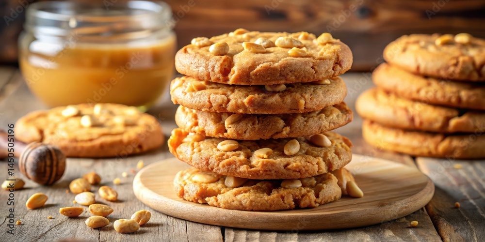 Poster a stack of freshly baked peanut butter cookies on a wooden board, with scattered nuts and a jar of c