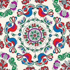 Decorative background illustration inspired from Korond, Transylvania traditional ceramics, tile works and pottery. Editable seamless vector pattern.