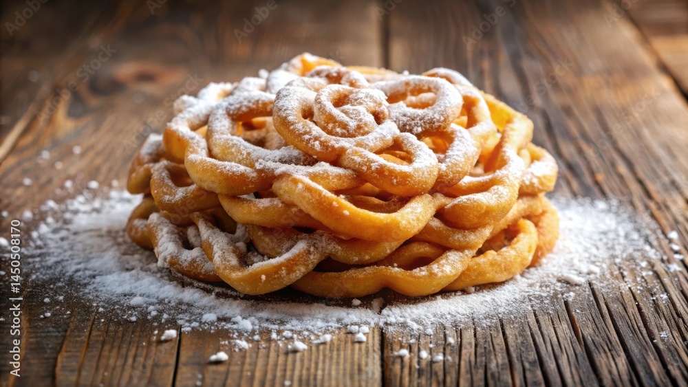 Aufkleber A delectable stack of funnel cake, dusted with powdered sugar, sits on a rustic wooden surface. The delicate spirals and swirls of the fried dough create a visually appealing and mouthwatering image.