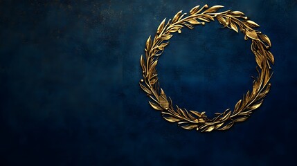 Gold laurel wreath on dark blue backdrop.  A detailed golden laurel wreath, circular in shape, is centrally positioned against a dark indigo background. 