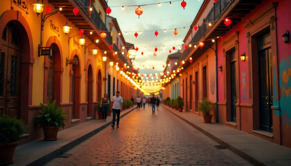 Fototapeta premium Beautiful street in San Miguel de Allende with festive lanterns, a lovely evening scene.