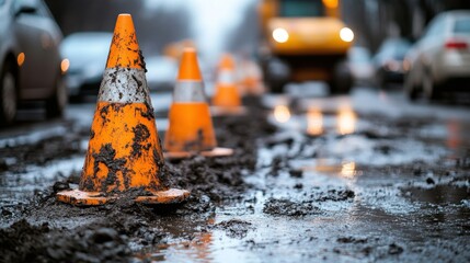Muddy road construction cones, street repair, city background