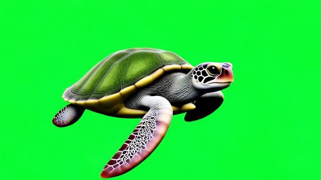 Swimming sea turtle, realistic look, isolated on bright green background