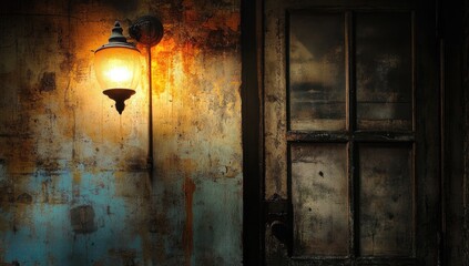 A vintage, weathered door with a glowing lantern on a rustic wall