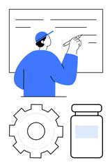 Person in cap writes on a whiteboard, conveying planning or strategy. Gear suggests engineering or process, and bottle hints at science or healthcare innovation. Ideal for project management